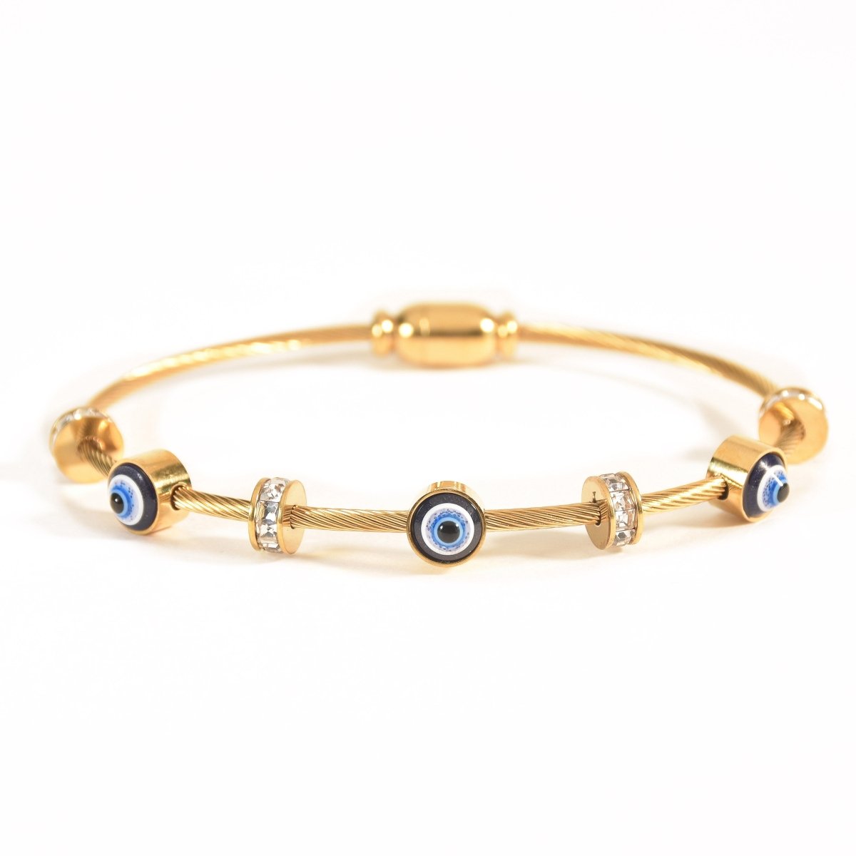 Elegant dainty Evil eye bangle with an anti-tarnish finish, available in rosegold, silver, and golden, perfect for stacking, everyday elegance, and chic versatile styling.