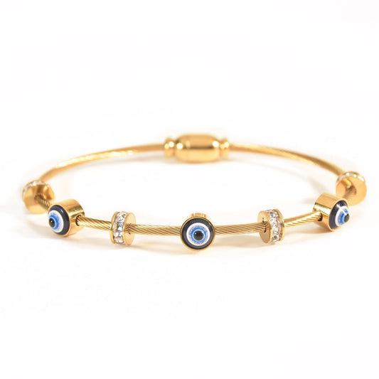 Elegant dainty Evil eye bangle with an anti-tarnish finish, available in rosegold, silver, and golden, perfect for stacking, everyday elegance, and chic versatile styling.