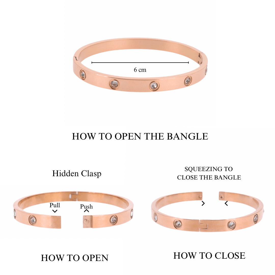 Elegant stainless steel bangle with a sleek push-lock design and polished finish, available in gold, rose gold, and silver, perfect for everyday wear, effortless stacking, and styling with watches.

